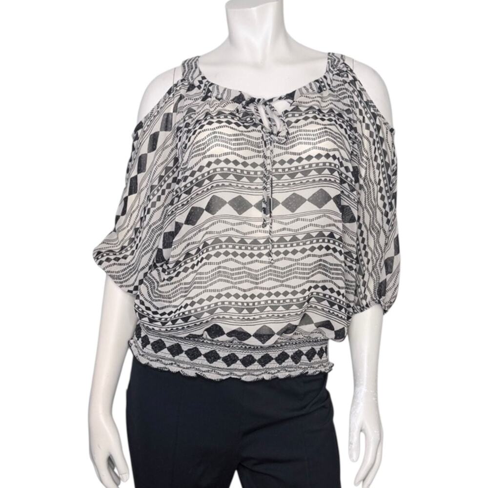 BCX Cold Shoulder Geometric Print Smocked Blouse